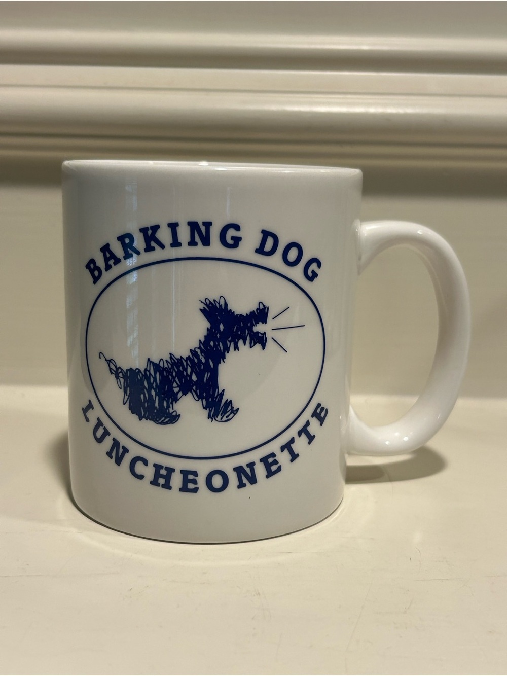 Barking Dog Luncheonette NYC White Ceramic Coffee Mug - Blue Logo